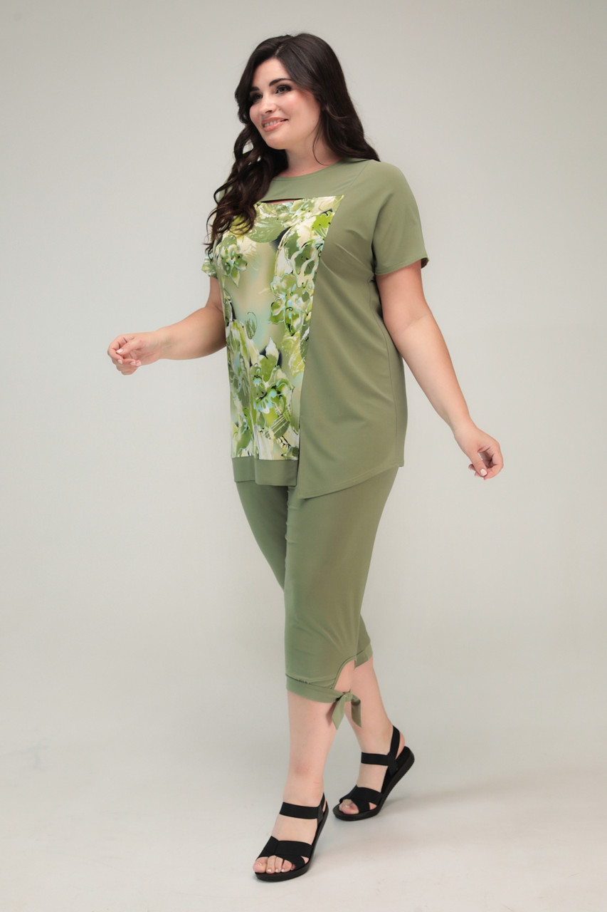 Літній жіночий трикотажний оливковий костюм Едіта туніка капрі великий розмір 54 56 58 60 62 64