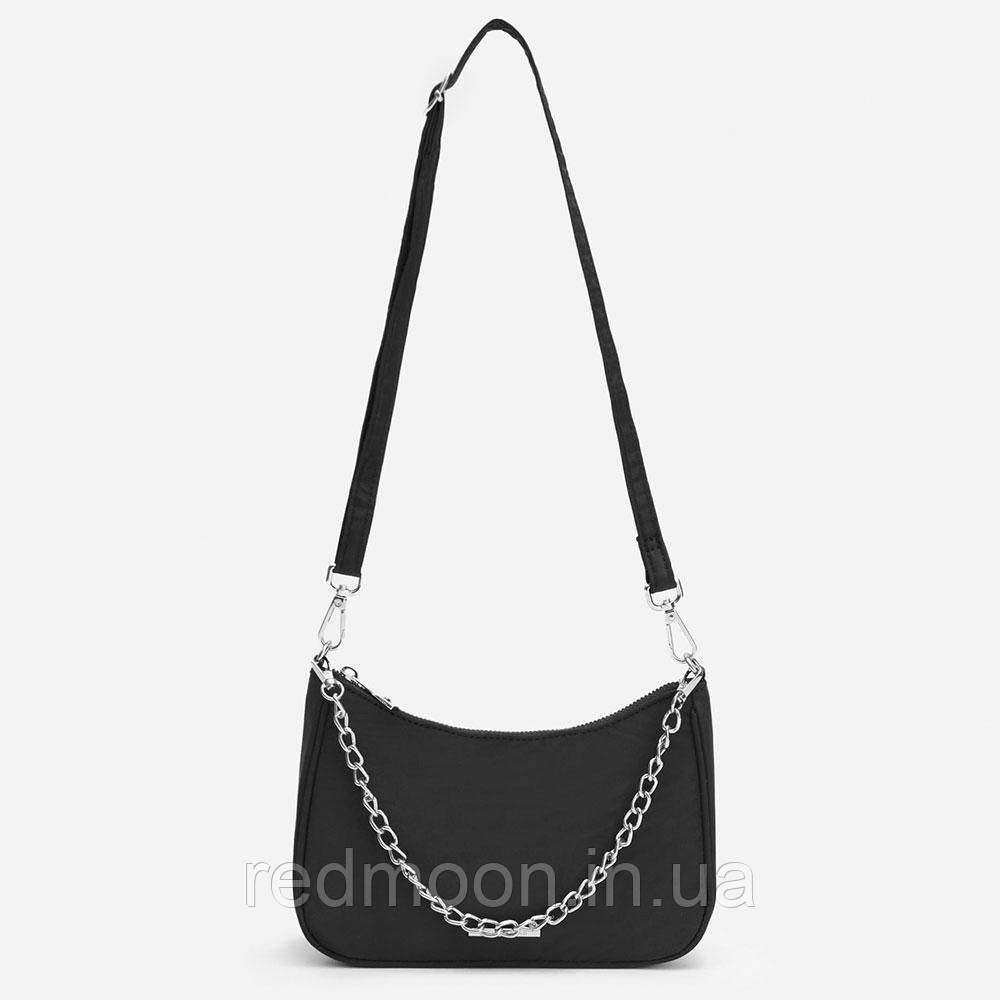 Сумка багет екошкіра, з ланцюжком, Чорна / Жіноча сумочка на плече на блискавці з довгим ремінцем / Клатч, фото 1