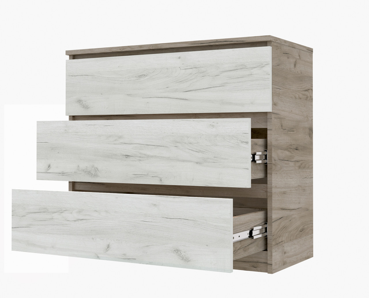 Якісний комод 800 3 ящики Брайт телескопи Дуб крафт сірий + крафт білий 80х37,6х73 см Майстер Форм