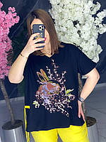 Жіноча чорна футболка з зайцем на літо 54-58 розмір Туреччина