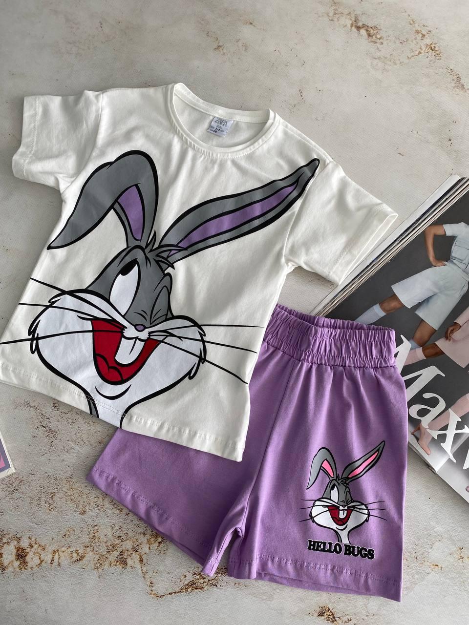 Комплект для дівчинки 2-а Футболка Біла з шортами "Бакс Бані" 9071, Zara, Фіолетовий, Для дівчаток, Літо, 98, фото 1