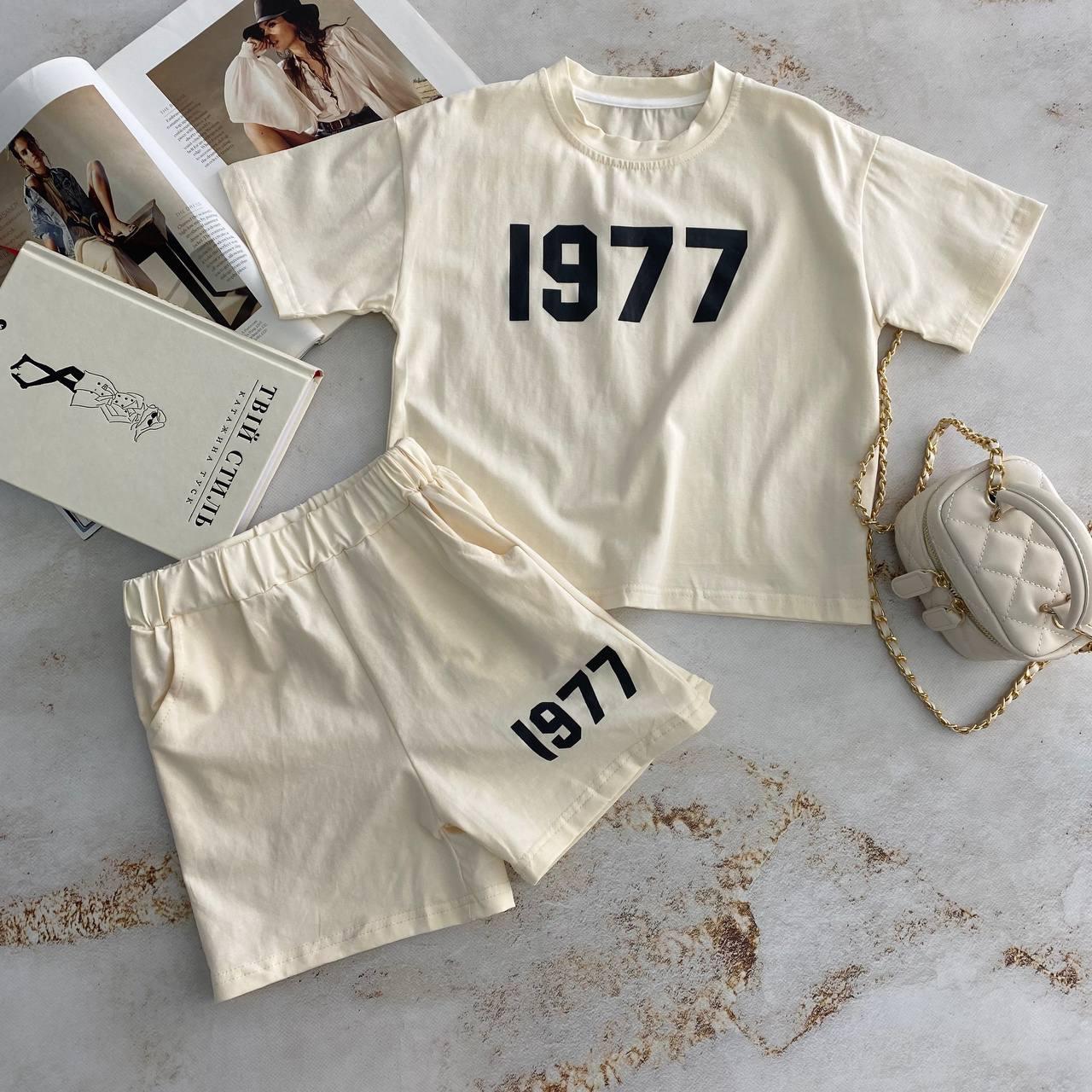 Комплект для дівчинки 2-а Футболка "1977" з шортами Молочний 18401, Бежевий, Для дівчаток, Літо, 104, фото 1