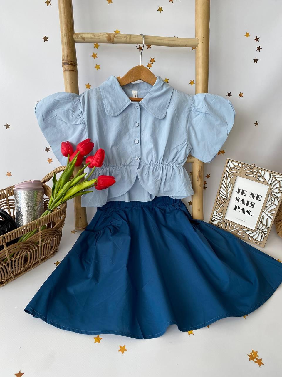 Комплект (2) Блуза з рюшами та спідниця Блакитний 8830 19, XHH.KIDS, Блакитний, Дівчинка, Літо, 4 роки, фото 1