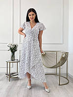 Красивое летнее женское длинное платье белое в горошек большого размера на запах Размеры 50-52, 54-56, 58-60