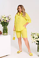 Легкий женский летний костюм жатка рубашка и шорты большого размера желтый . Размеры: 48, 50, 52, 54,56