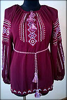 Вишиванка жіноча "Вишита доля" на бордовому шифоні, блуза вишита білими та червоними нитками, машинна вишивка