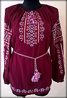 Вишиванка жіноча "Ілюзія" на бордовому шифоні, блуза вишита білими та червоними нитками, машинна вишивка
