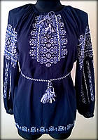 Вишиванка жіноча "Ілюзія" на синьому шифоні, блуза вишита білими та голубими нитками, машинна вишивка