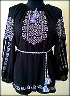 Вишиванка жіноча "Ілюзія" на чорному шифоні, блуза вишита білими та сірими нитками, машинна вишивка