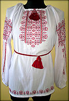 Вишиванка жіноча "Ілюзія" на білому шифоні, блуза вишита червоними та бордовими нитками, машинна вишивка