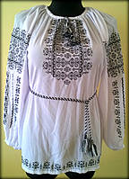 Вишиванка жіноча "Ілюзія" на білому шифоні, блуза вишита чорними нитками, машинна вишивка