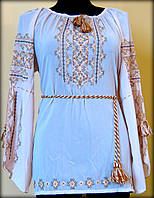 Вишиванка жіноча "Фантазія" на білому шифоні, блузка вишита чорними та жовто-золотими нитками, машинна вишивка