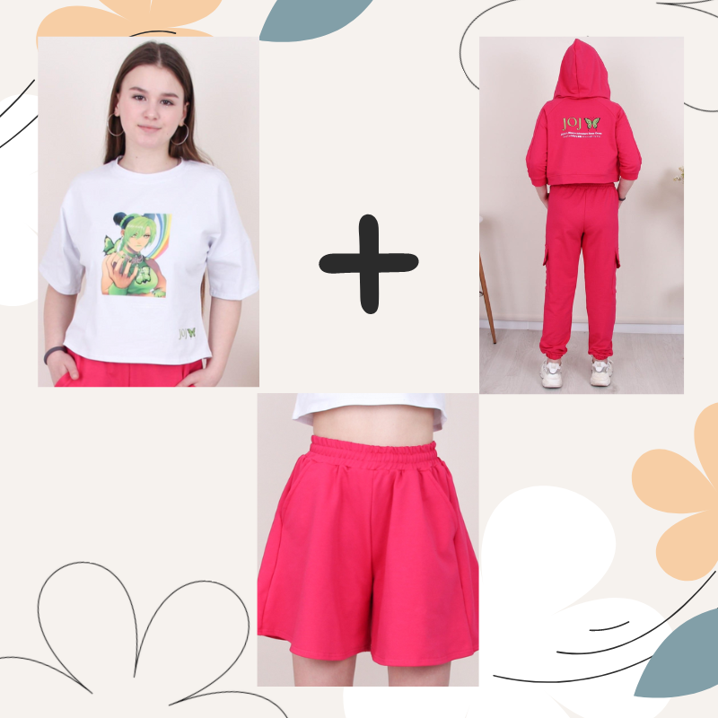 Модний спортивний костюм на дівчинку літній 4в1 - кофта, штани, спідниця-шорти та футболка з принтом JOJO
