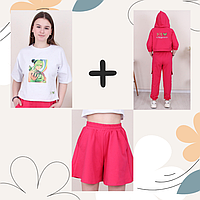 Модный спортивный костюм на девочку летний 4в1 - кофта, штаны, юбка-шорты и футболка с принтом JOJO