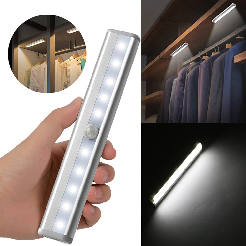 Led акумуляторна лампа USB з датчиком руху 20 см 10 LED світильник у шафу, нічник портативний