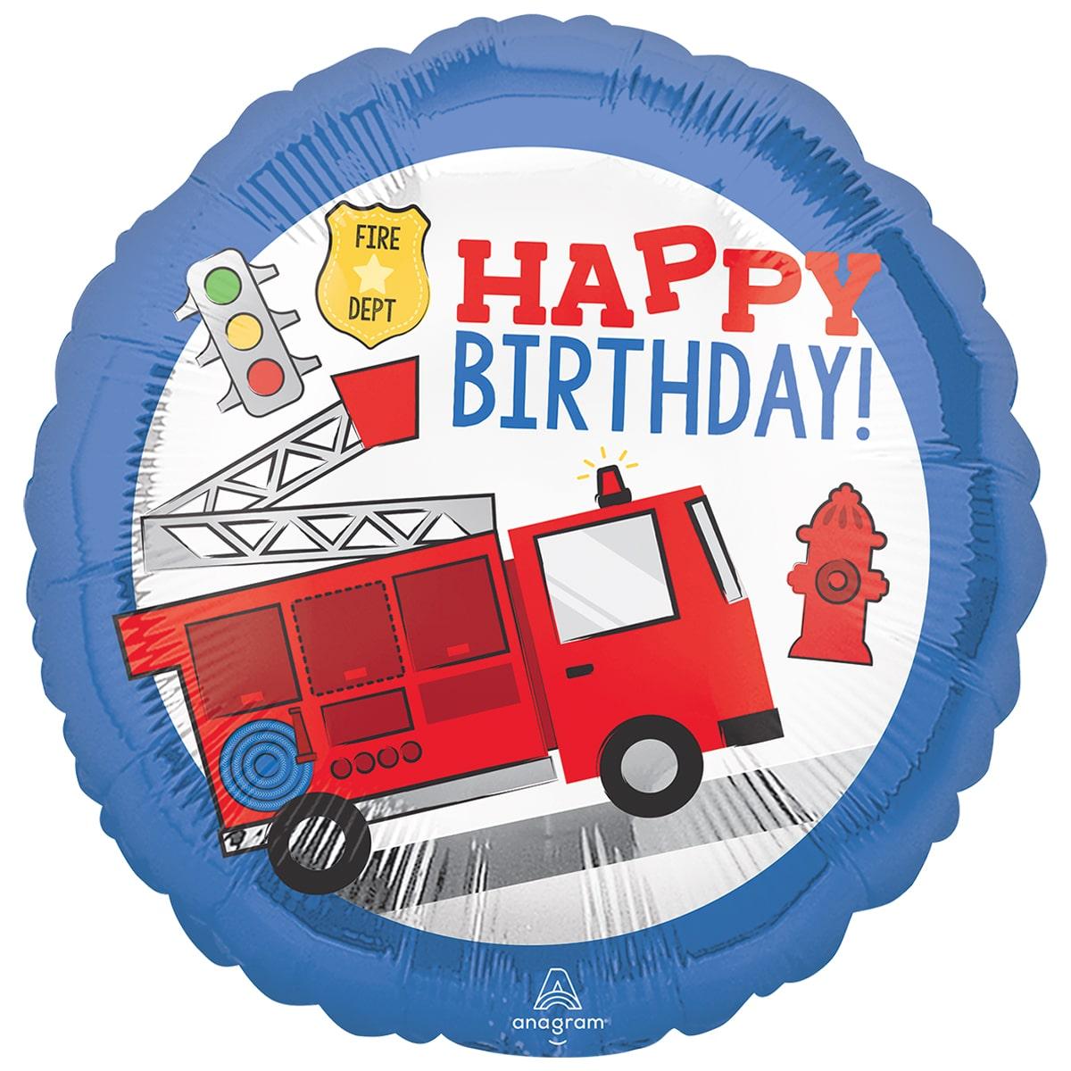 Фольгована кулька круг "Happy Birthday  пожежна машина" кольорова Anagram 18"(45см) 1шт.