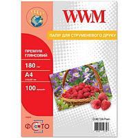 Фотопапір WWM Premium глянсовий 180Г/м2, А4, 100 л (G180.100.Prem)