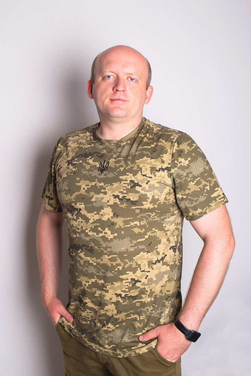 Футболка Піксель 46-58р ЗСУ з вишитим чорним Тризубом