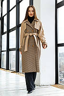 Пальто женское демисезон комбинированное с эко-кожей пальтовая ткань принт "гусиная лапка" кемел