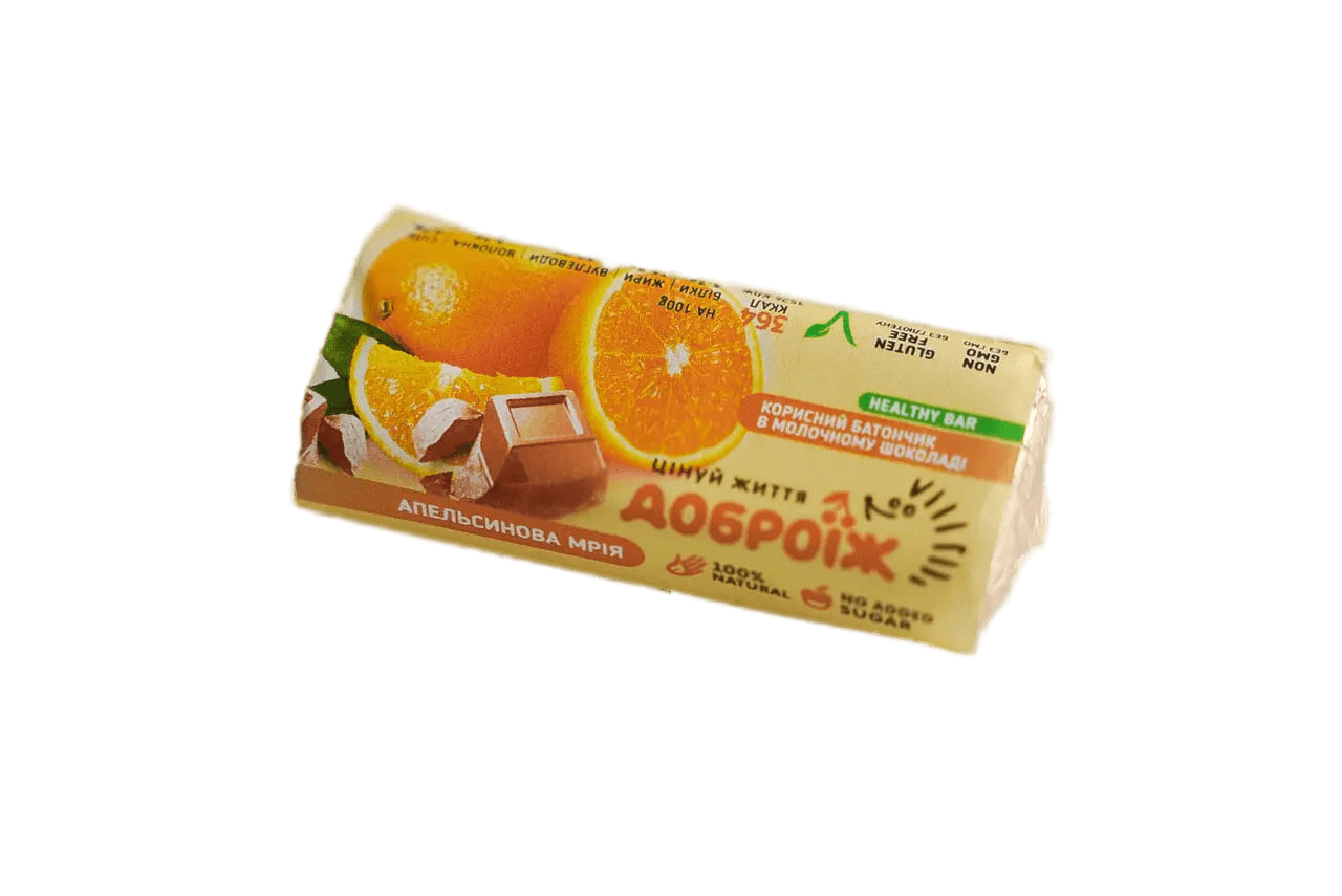 Натуральний батончик Апельсинова мрія в молочному шоколаді без цукру Доброїж 36 г