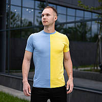 Мужская патриотическая футболка двухцветная голубая с желтым хлопковая на лето (Bon)