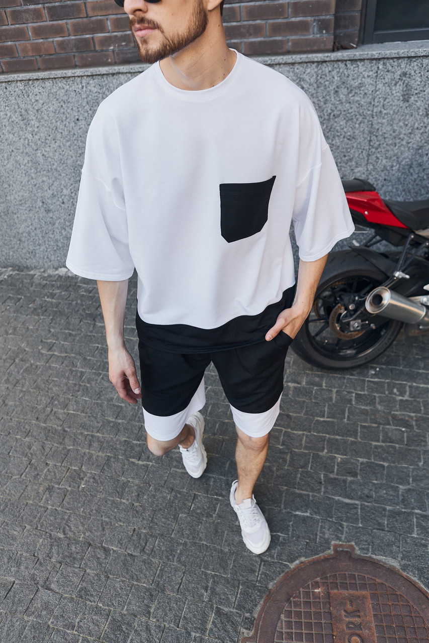 Літній чоловічий комплект двійка спортивний костюм 2в1 чоловіча футболка та шорти білого кольору модель оверсайз