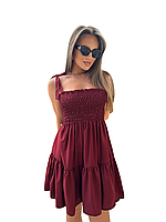 Женское платье-сарафан, 42-46, 48-52, марсала, ткань софт, легкое и приятное на ощупь, на резинке и завязках