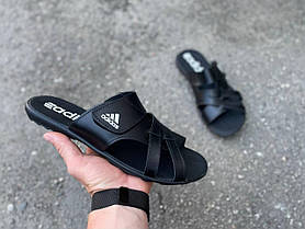 Шльопанці шкіряні чорні чоловічі літні Adidas. Літні тапочки для чоловіків зі шкіри Адідас. Пляски на літо