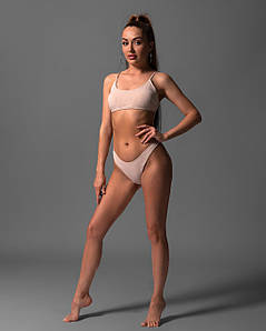 Купальник роздільний жіночий рубчик топ із плавками танга Кремовий 3XL