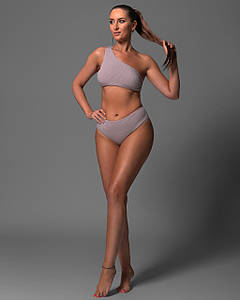Купальник роздільний жіночий рубчик топ на одне плече із високими плавками Сірий