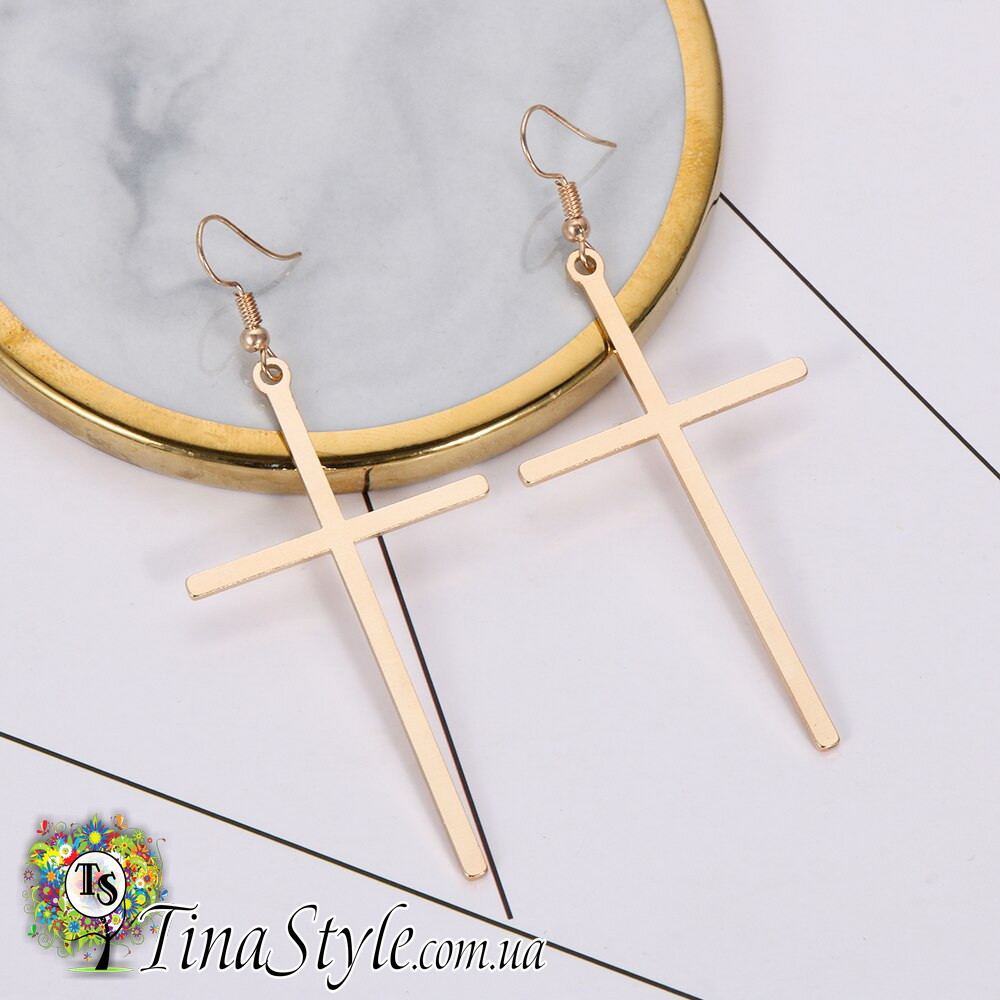Сережки хрестики золотого кольору, фото 1