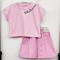 Костюм двойка детский летний оверсайз, футболка, шорты, для девочки, Розовый, 110-116