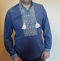 Мужская вышиванка цвета джинс с белой вышивкой "Богуслав".