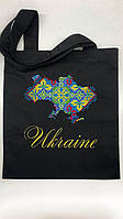 Еко сумка патріотична (еко торба) шопер з вишивкою Ukraine чорна