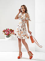 Платье на запах с рюшами арт. 484 белый в оранжевый цветок/ цвет белый