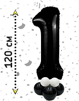 Фольгована цифра чорна 1 на стійці-підставці з повітряних куль