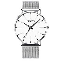 Наручные часы Geneva Fashion Silver сетчатый ремешок минималистичные кварцевые часики мужские/женские унисекс