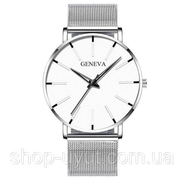 Наручные часы Geneva Fashion Silver сетчатый ремешок минималистичные кварцевые часики мужские/женские унисекс - фото 1 - id-p1873593997