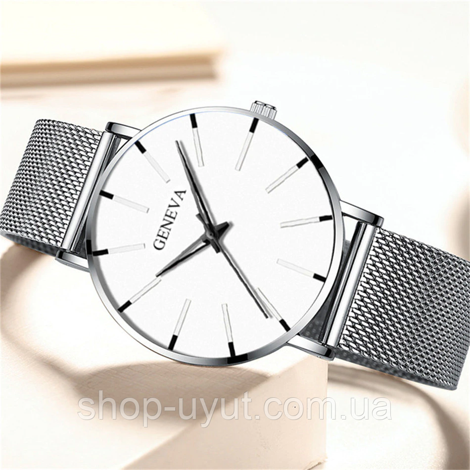 Наручные часы Geneva Fashion Silver сетчатый ремешок минималистичные кварцевые часики мужские/женские унисекс - фото 5 - id-p1873593997