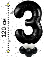 Фольгована цифра чорна 3 на стійці-підставці з повітряних куль
