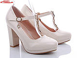 Туфлі жіночі бежеві на середньому стійкому підборі з ремінцем розмір 36, фото 2