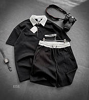 Мужской стильный летний комплект шорты и футболка с воротником чёрного цвета