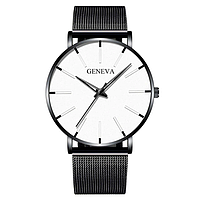 Наручные часы Geneva Fashion Black сетчатый ремешок минималистичные кварцевые часики мужские/женские (унисекс)