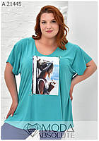 Голубая женская футболка с печатью батал с 68 по 76 размер