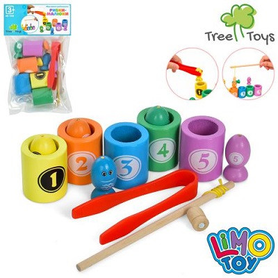 Дерев'яна іграшка Риболовля магнітна,рибки, місткості 5 шт.,удочка, пінцет, у ляльці