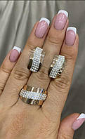 Комплект серебряный кольцо и серьги с вставками золота