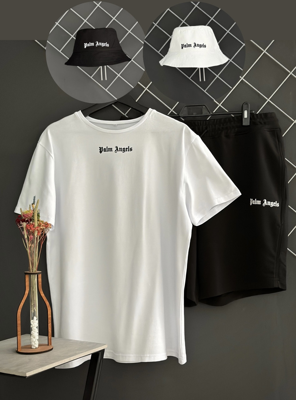 Костюм футболка шорти панама Palm Angels спортивний комплект чоловічий літній палм ангел білий-чорний, фото 1