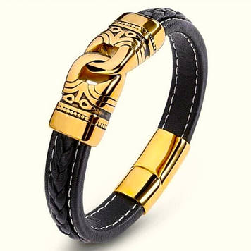 Браслет шкіряний плетений "Замок " 21 см золотистий