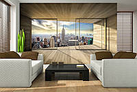 3 д фото обои город деревянные доски 254x184 см Вид из окна террасы на панораму Нью-Йорка (3306P4)+клей