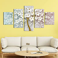 Модульная картина из 5 частей на холсте KIL Art Белые цветы на золотом дереве 162x80 см (272-52) D7P2-2023